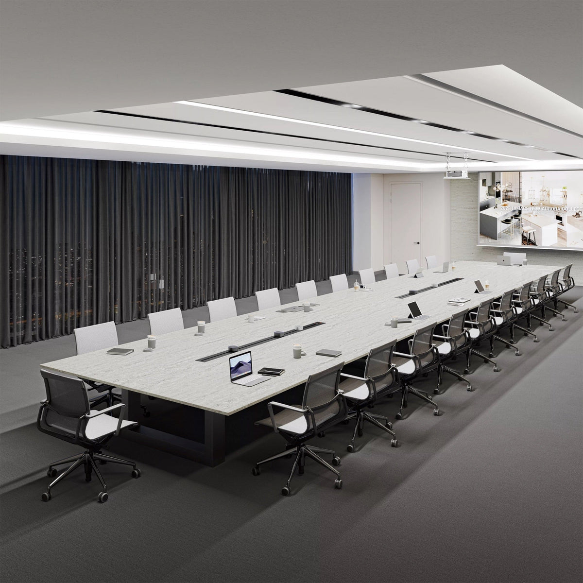 Long conference table in an office with power built in along its length