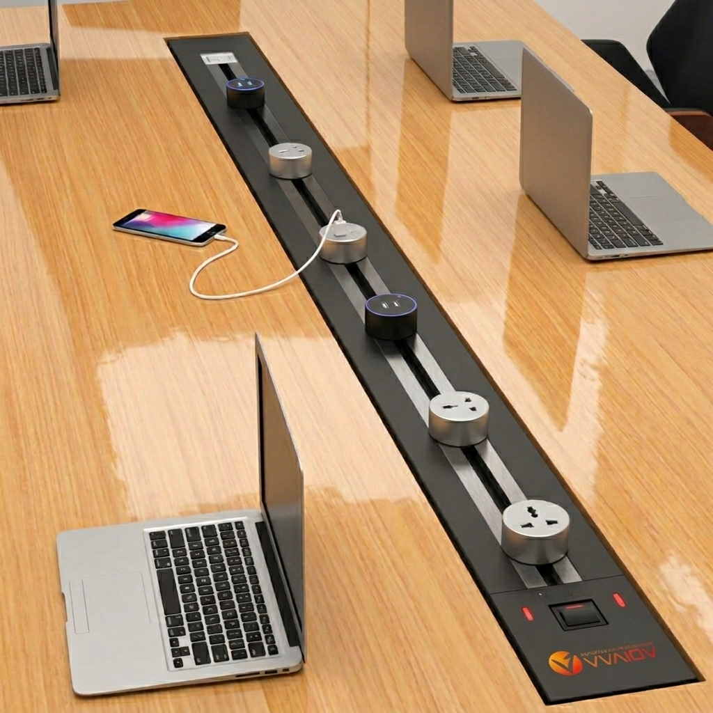 Concealed Adivaa Power Track set into a wooden desk with laptops and a phone charging