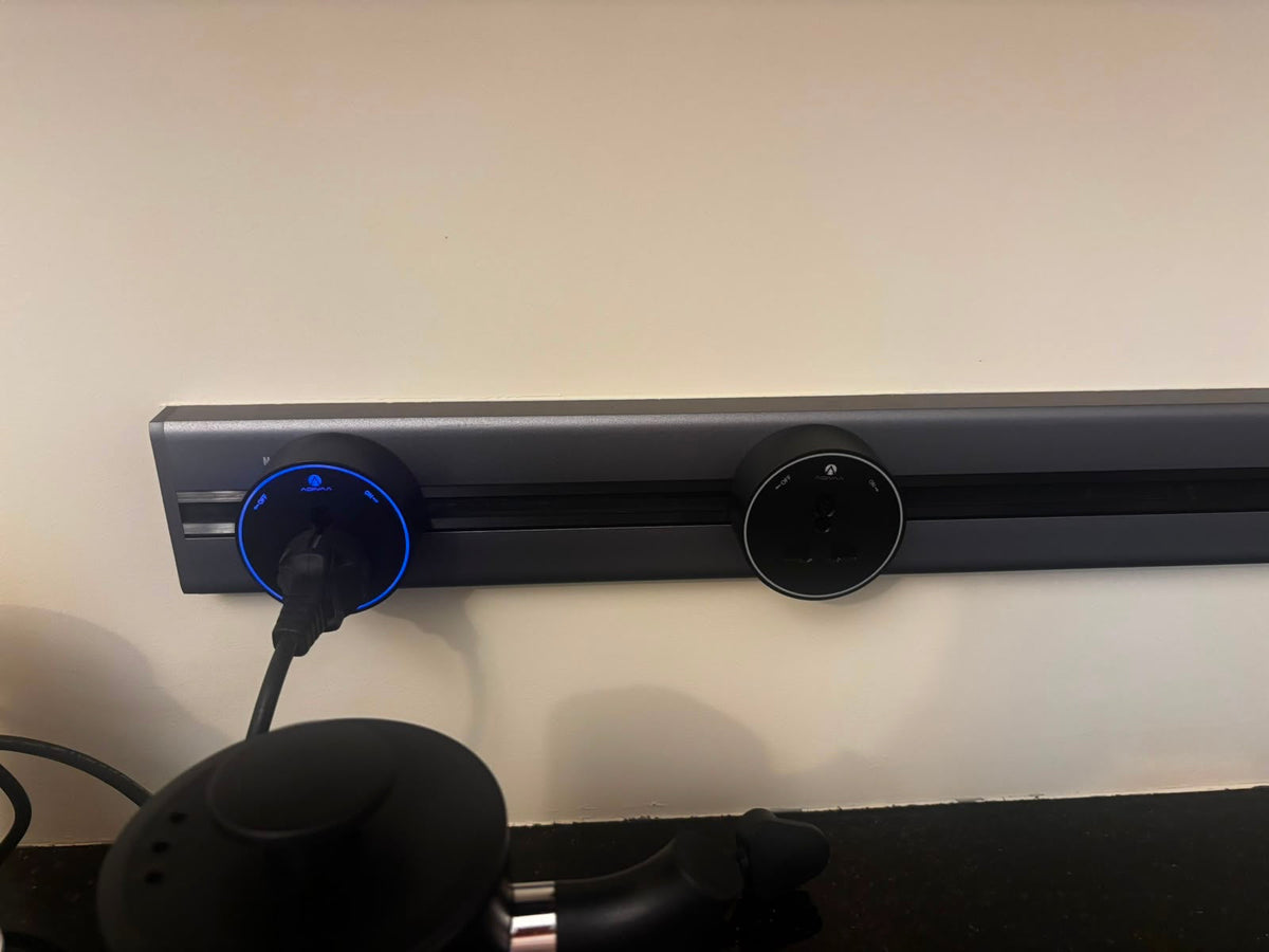 Adivaa track socket installed on a power rail above a worktop