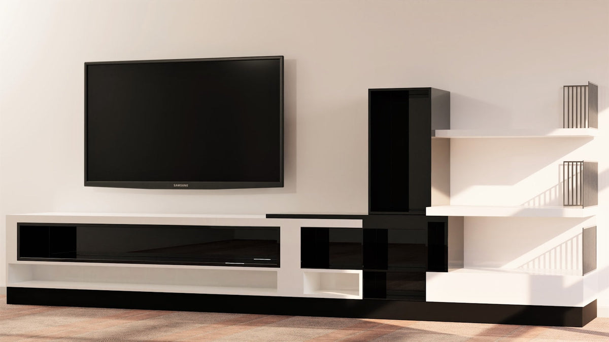 Wall-mounted TV above a low media console in a bright living room