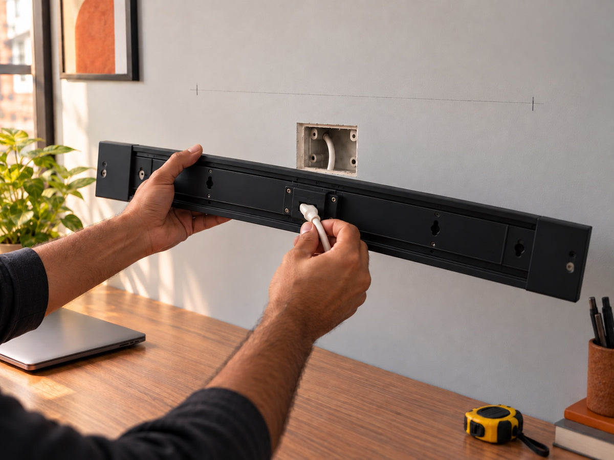 Connecting the supply cable into the back of the power track